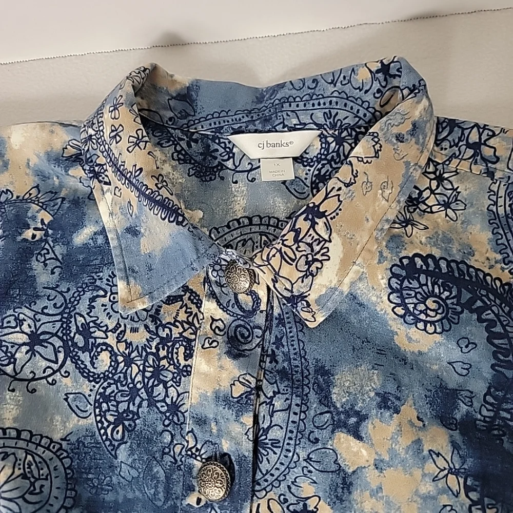 CJ Banks Women's Tan White Blue Balck Button Up Denim Jacket, 1X - Picture 4 of 10